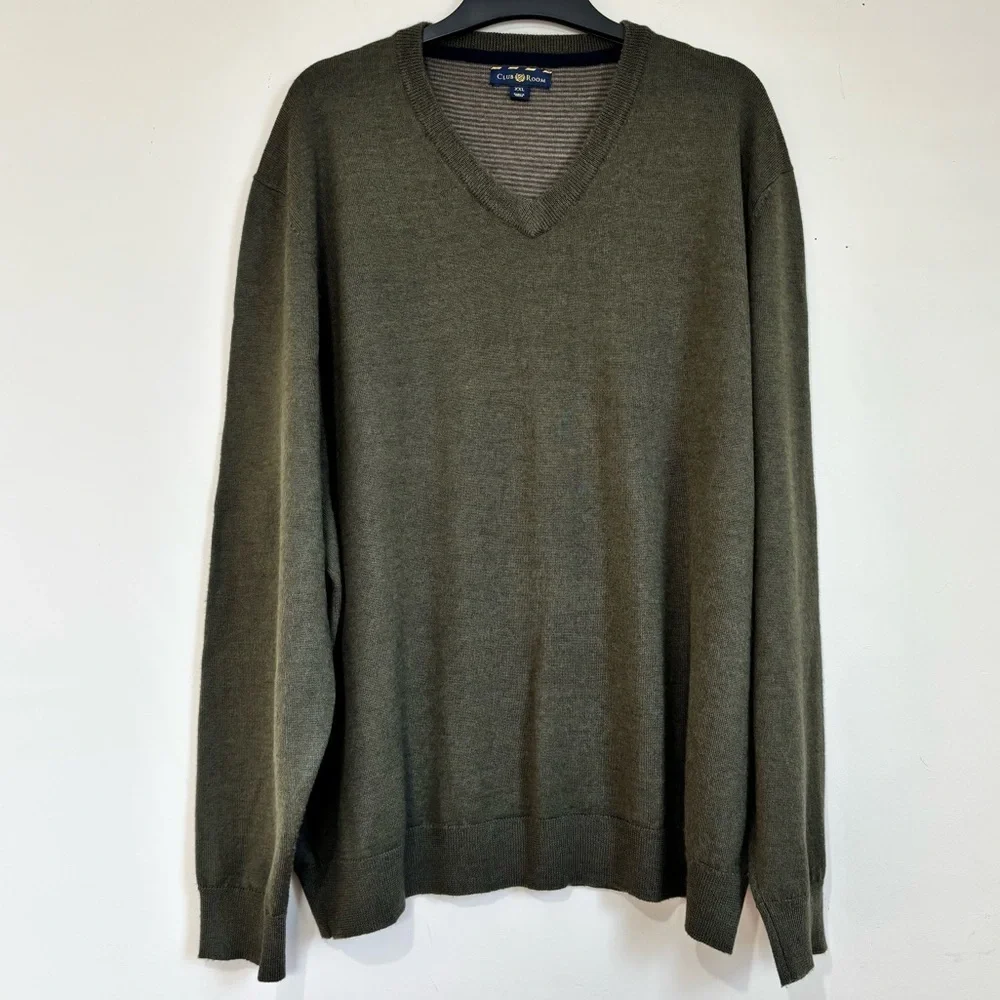 Club Room Men's XXL Classic Green Merino Wool Acrylic V Neck Pullover Sweater
